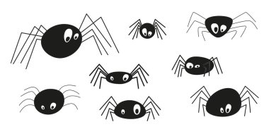 Cadılar Bayramı için çizgi film koleksiyonunda düz gözlü örümcekler var. Beyaz arkaplanda izole edilmiş komik vektör illüstrasyonu