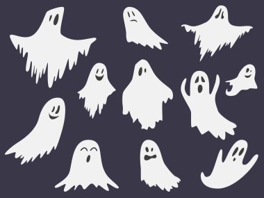 Çeşitli beyaz hayaletlerin koleksiyonu. Cadılar Bayramı için vektör illüstrasyonu 