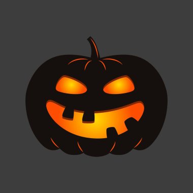 Komik Cadılar Bayramı balkabağı. Karanlık arka planda izole edilmiş bir balkabağı feneri. Vektör illüstrasyonu