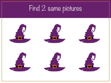 Aynı resmi bul. Cadılar Bayramı cadı şapkalarıyla çocuk eğitim oyunu. Vektör illüstrasyonu