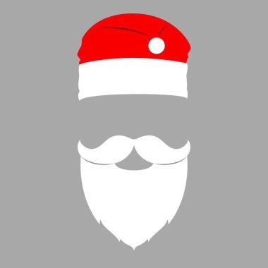 Noel Baba kırmızı şapkalı, beyaz bıyıklı ve sakallı. Noel 'in düz elemanları. Vektör illüstrasyonu