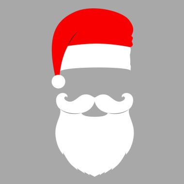 Noel Baba kırmızı şapkalı, beyaz bıyıklı ve sakallı. Noel 'in düz elemanları. Vektör illüstrasyonu