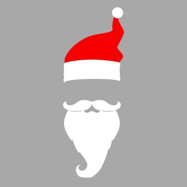 Noel Baba kırmızı şapkalı, beyaz bıyıklı ve sakallı. Noel 'in düz elemanları. Vektör illüstrasyonu