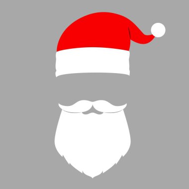 Noel Baba kırmızı şapkalı, beyaz bıyıklı ve sakallı. Noel 'in düz elemanları. Vektör illüstrasyonu