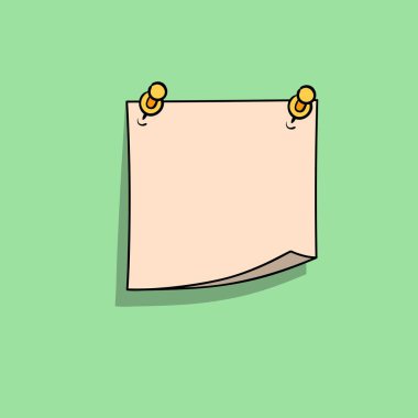 Turuncu broşla tutturulmuş karikatür kağıdı. Mesajlar için el çizimi not kağıdı. Vektör illüstrasyonu
