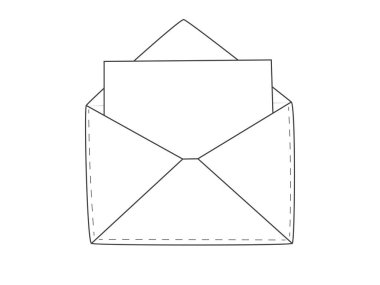 Zarfta boş bir kağıt var. Mesaj şablonu. Beyaz arkaplanda izole edilmiş vektör illüstrasyonu