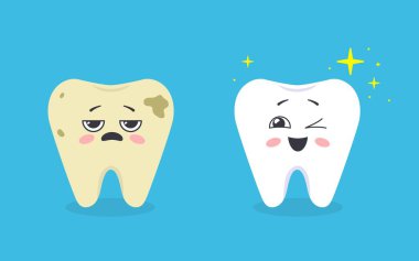 Çizgi film hastaları ve sağlıklı dişler. Yüzleri olan Kawaii dişleri. Vektör illüstrasyonu