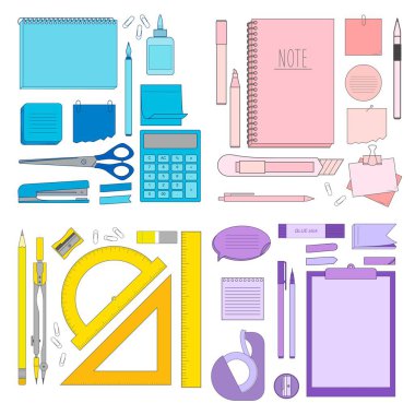 Not defteri, notlar, yapıştırıcı, bant, kalem, çıkartma ve diğer şeyler. Vektör illüstrasyonu beyaz arkaplanda izole edildi