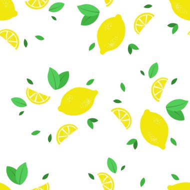 Limonlu kusursuz desen. Tekstil, ambalaj kağıdı ve diğerleri için parlak yaz tasarımı. Vektör illüstrasyonu