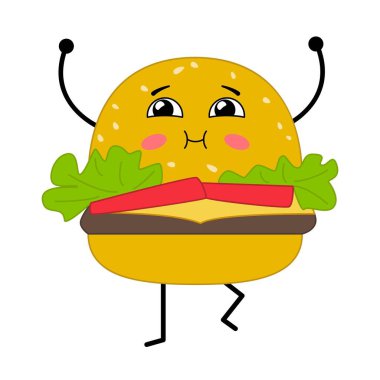 Şirin kawaii burgeri. Çizgi film karakteri klasik hamburger. Vektör illüstrasyonu beyaz arkaplanda izole edildi