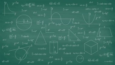 Yeşil karatahtanın üzerinde matematiksel formülleri ve grafikleri olan bir arkaplan. Vektör illüstrasyonu