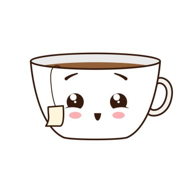 Çay poşetli bir kupa. Mutlu kawaii karakterleri. Vektör illüstrasyonu