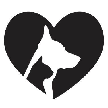 Köpek ve kedi profili, kalp şeklinde siyah siluetler. Evcil hayvan manzarası. Beyaz arkaplanda izole edilmiş vektör illüstrasyonu  
