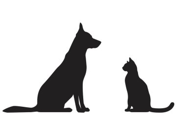 Köpek ve kedi profili siyah siluetler. Evcil hayvan manzarası. Beyaz arkaplanda izole edilmiş vektör illüstrasyonu  