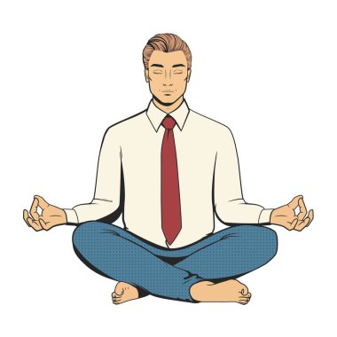 Gömlekli, kravatlı ve pantolonlu meditasyon yapan adam. Lotus pozisyonundaki yakışıklı genç adam. Vektör illüstrasyonu beyaz arkaplanda izole edildi