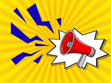 Çizgi film kırmızı megafonu. Klasik pop sanat vektörü illüstrasyonu