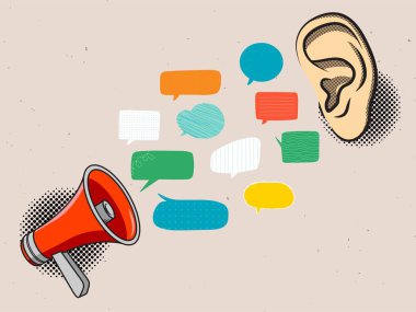 İletişim konsepti - kırmızı megafon, konuşma baloncukları ve kulak. Konuş ve dinle. Modern Kolaj Vektörü illüstrasyonu 