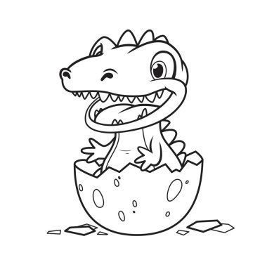 Yumurta içinde küçük mutlu bir dino. Boyama kitabı için çocuk dinozor. Beyaz arkaplanda izole edilmiş vektör illüstrasyonu