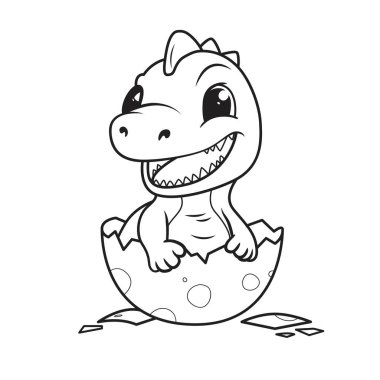 Yumurta içinde küçük mutlu bir dino. Boyama kitabı için çocuk dinozor. Beyaz arkaplanda izole edilmiş vektör illüstrasyonu