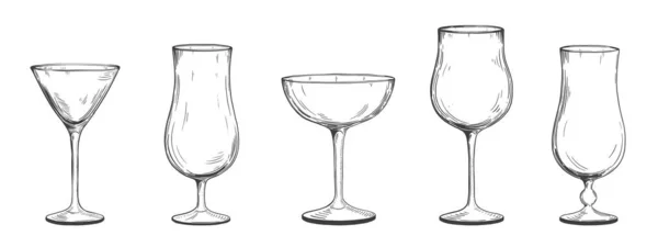 Kolekce Ručně Kreslených Skleněných Pohárů Alkohol Vektorová Ilustrace Stylu Náčrtku — Stockový vektor