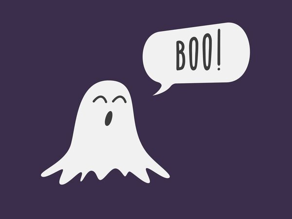 Cute white ghost says Boo! Spirit and speech bubble. Vector illustration isolated on white background