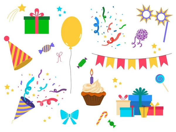 Party items collection. Party hat, balloon, cake, gifts, candy, bow and etc. Vector illustration
