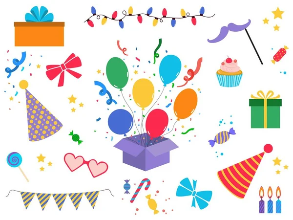 Party items collection. Party hat, balloon, cake, gifts, candy, bow and etc. Vector illustration