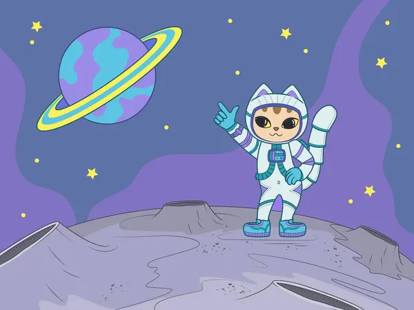 在一个新的星球上穿着宇航服的可爱的宇航员小猫咪 矢量说明 免版税图库矢量图片