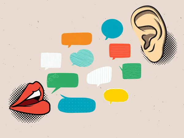 Concepto Comunicación Labios Oído Hablando Escuchando Ilustración Vectorial Ilustraciones de stock libres de derechos