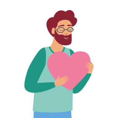 Adam kocaman kalbi göğsüne yakın tutuyor. Modern düz vektör illüstrasyonu