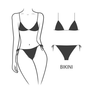 Bir kadının vücudunda mayo. Bikini mayo. Vektör illüstrasyonu beyaz arkaplanda izole edildi