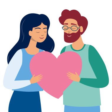 Kadın ve erkek büyük kalbi bir arada tutar. Modern düz vektör illüstrasyonu