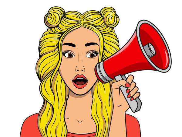 Карикатурщица с красным мегафоном. Векторная иллюстрация на белом фоне