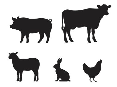 Çiftlik hayvanlarının siluetleri. İnek, domuz, koyun, tavşan, tavuk. Hayvanlar yan gözle bakar. Vektör illüstrasyonu beyaz arkaplanda izole edildi
