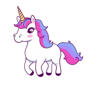 Tatlı tek boynuzlu at çizgi filmi. Vektör illüstrasyonu beyaz arkaplanda izole edildi