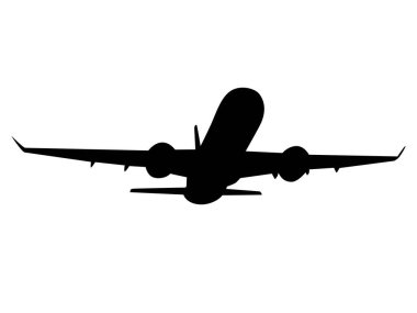 Uçak şekli. Bir uçağın siyah silueti. Vektör illüstrasyonu beyaz arkaplanda izole edildi