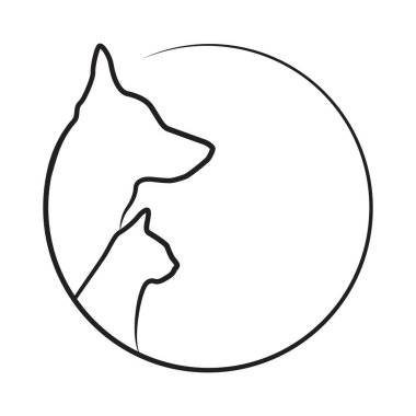 Kedi ve köpeğin profilleri yuvarlak bir çerçevede. Evcil hayvan dükkanının minimalist simgesi. Vektör illüstrasyonu beyaz arkaplanda izole edildi 
