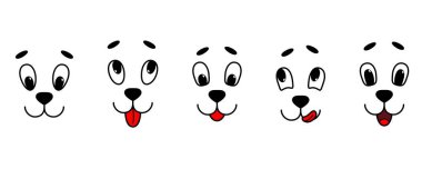 Şirin gülümseyen köpek suratları koleksiyonu. Vektör illüstrasyonu