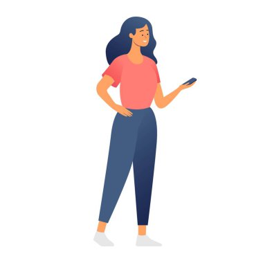 Elinde akıllı telefon tutan uzun boylu bir kadın. Modern düz vektör çizimi beyaz arkaplanda izole edildi