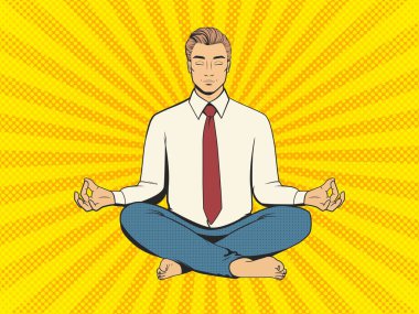 Gömlekli, kravatlı ve pantolonlu meditasyon yapan adam. Lotus pozisyonundaki yakışıklı genç adam. Pop Art vintage vektör illüstrasyonu