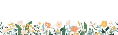 Çiçekler ve yapraklarla süslenmiş yatay, pürüzsüz bir pankart. Bahar çiçeği arkaplanı. Beyaz arkaplanda düz vektör illüstrasyonu