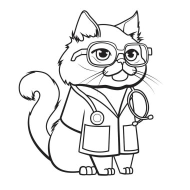 Gözlüklü ve tıbbi önlüklü akıllı bir kedi. Doktor kedi. Renklendirme kitabı sayfa vektör illüstrasyonu