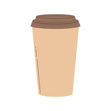 Kahverengi kağıt bardak sıcak kahve ya da kapaklı çay. Paket kahve. Modern düz vektör çizimi beyaz arkaplanda izole edildi