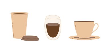 Kahverengi kağıt bardakla kapağı şeffaf çift cam, klasik fincan ve çay tabağı. Modern düz vektör çizimi beyaz arkaplanda izole edildi