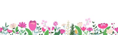 Çiçekler ve yapraklarla süslenmiş yatay, pürüzsüz bir pankart. Bahar çiçeği arkaplanı. Beyaz arkaplanda düz vektör illüstrasyonu