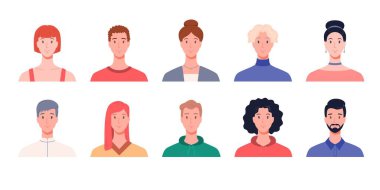 Erkek ve kadın portrelerinin koleksiyonu, ön manzara. Modern düz vektör çizimi beyaz arkaplanda izole edildi