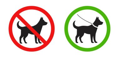 Köpekli kırmızı yasak levhası ve tasmalı yeşil yuvarlak bir tabela. Beyaz arkaplanda vektör illüstrasyonu