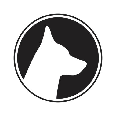 Yuvarlak bir çerçevede köpek profilli siyah siluet. Beyaz arkaplanda izole edilmiş vektör illüstrasyonu  