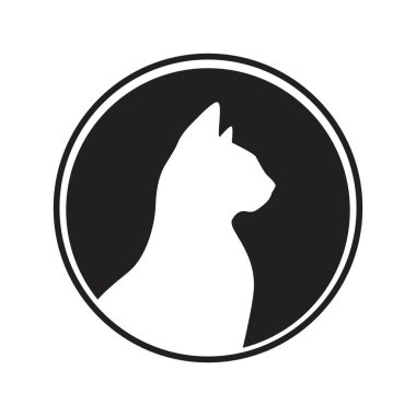 Yuvarlak bir çerçevede kedi profilli siyah siluet. Beyaz arkaplanda izole edilmiş vektör illüstrasyonu  