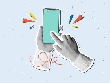 Beyaz gömlekli siyah beyaz eller boş ekranlı bir telefon tutuyor. Modern kolaj tarzında vektör illüstrasyonu